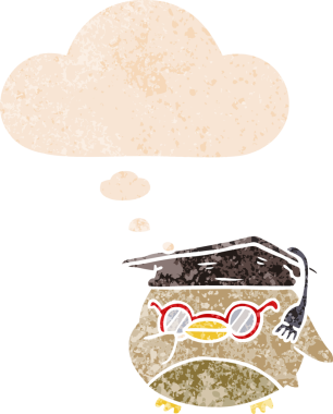 Düşünce baloncuğu ile çizgi film zeki kuş grunge sıkıntılı retro dokuma bir insan tarafından çizilmiş