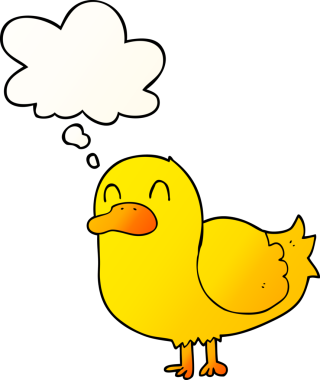 Bir insan tarafından çizilmiş yumuşak eğimli düşünce baloncuklu çizgi film ördeği