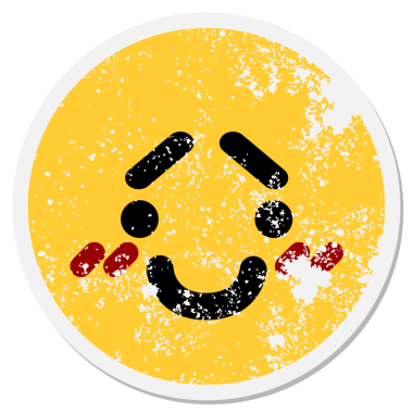 Bir insan tarafından çizilmiş mutlu yüzü kızaran dairesel çıkartma