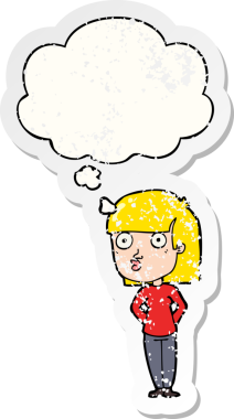 Bir insan tarafından çizilmiş yıpranmış bir çıkartma gibi düşünce baloncuğuyla bakan çizgi film kadını.