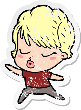 Bir insan tarafından çizilmiş gözleri olan karikatürlü bir kadının sıkıntılı çıkartması.