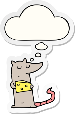 Düşünce baloncuklu peynirli çizgi film faresi insan tarafından çizilmiş bir çıkartma.