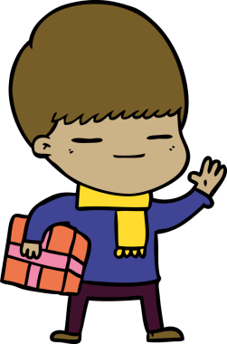 Bir insan tarafından çizilmiş bir hediye taşıyan kendini beğenmiş çocuk.