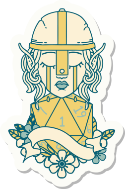 Ağlayan bir elf savaşçı karakterinin çıkartması. Doğal bir insan tarafından çizilmiş bir D20 rulo.