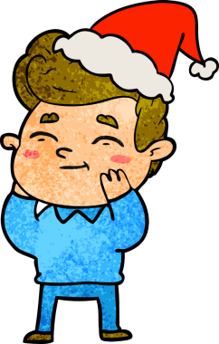 Bir insan tarafından çizilmiş Noel Baba şapkası giyen bir adamın çizilmiş mutlu el çizimi karikatürü.