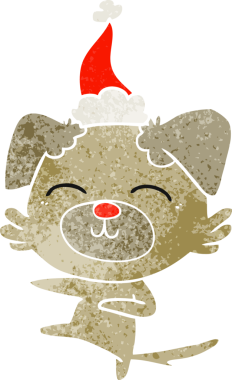 Bir insan tarafından çizilmiş Noel Baba şapkası takan bir köpeğin el çizimi karikatürü.