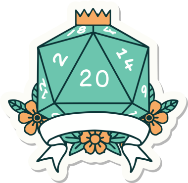 Bir insan tarafından çizilmiş 20 kritik vuruşluk D20 zar etiketi.