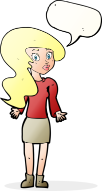 Bir insan tarafından çizilmiş konuşma baloncuğuyla omuz silken çizgi film kadını.