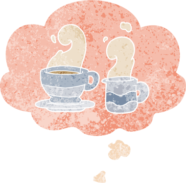 Düşünce baloncuklu bir kahve fincanı grunge sıkıntılı retro desenli bir insan tarafından çizilmiş