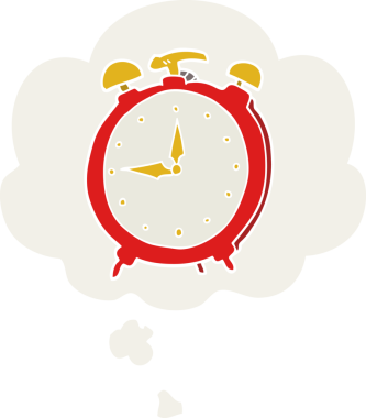 bir insan tarafından çizilmiş, düşünce baloncuklu çizgi film alarm saati