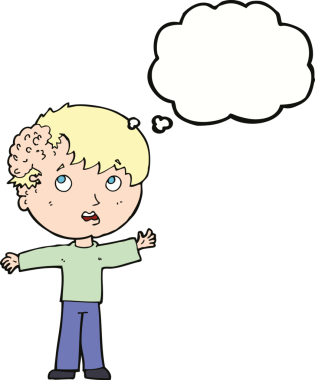 Kafasında bir insan tarafından çizilmiş düşünce balonuyla büyüyen çizgi film çocuğu.