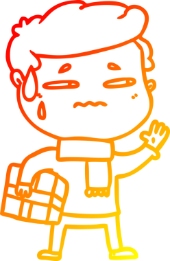 Bir insan tarafından çizilmiş Noel hediyesi ile endişeli bir adamın çizgi film çizimi.