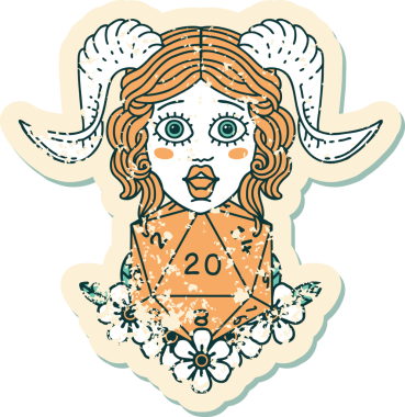 Bir insan tarafından çizilmiş doğal yirmilik zarla süslenmiş grunge çıkartması.