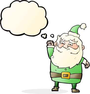 Bir insan tarafından çizilmiş düşünce baloncuklu Noel Baba çizgi filmi.