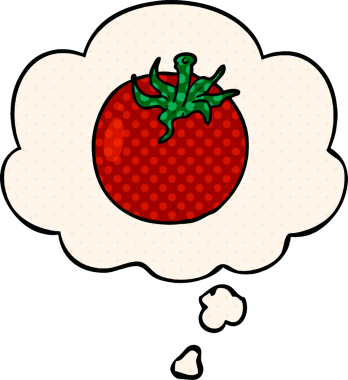 Bir insan tarafından çizilmiş, düşünce baloncuklu çizgi film domatesi.