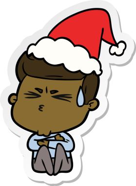 Bir insan tarafından çizilmiş, terleyen, Noel Baba şapkası takan bir adamın el yazısı.