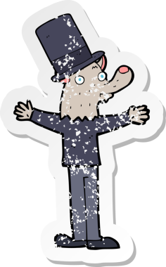 Bir insan tarafından çizilmiş silindir şapkalı bir kurt adamın gerilmiş çıkartması.