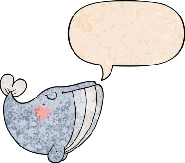 Aşk dolu karikatür balinası konuşma baloncuğu ile retro doku şeklinde bir insan tarafından çizilmiş.