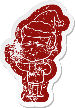 Garip bir çizgi film. Bir insan tarafından çizilmiş Noel Baba şapkası giymiş terleyen bir adamın çıkartması.