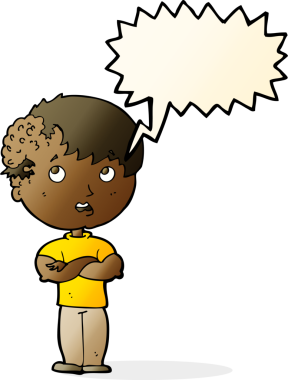 Bir insan tarafından çizilmiş konuşma baloncuğuyla kafasında büyüyen çizgi film çocuğu.