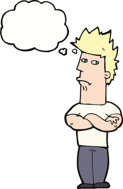 Bir insan tarafından çizilmiş düşünce baloncuğuyla surat asan çizgi film adamı.