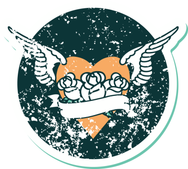 İkonik sıkıntılı dövme stili kanatlı kalp resmi çiçekler ve bir insan tarafından çizilmiş pankart