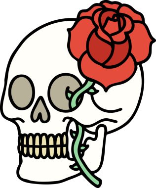 Bir insan tarafından çizilmiş geleneksel bir kafatası ve gül dövmesi.