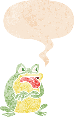 Grunge 'da konuşma baloncuğu olan huysuz çizgi film kurbağası bir insan tarafından çizilmiş tedirgin geçmiş dokuma tarzı.