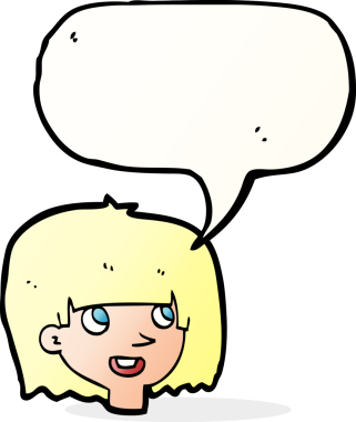 Bir insan tarafından çizilmiş konuşma balonlu mutlu kadın yüzü.