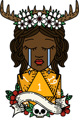 Retro Dövme Tarzı Ağlayan İnsan Druid Bir insan tarafından çizilmiş doğal bir D20 ruloyla