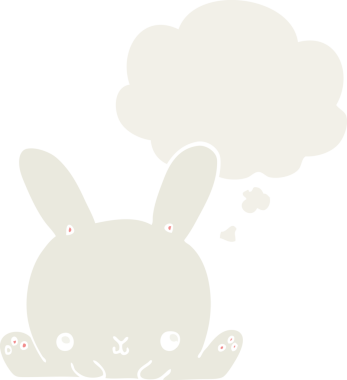 Düşünce baloncuklu çizgi film tavşanı insan tarafından çizilmiş.