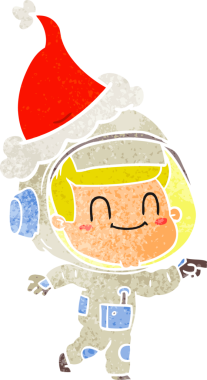 Noel Baba şapkası giyen astronot bir insan tarafından çizilmiş mutlu el çizimi bir çizgi film.