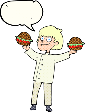 El yazısıyla çizilmiş çizgi roman konuşma balonu çizgi film şefi bir insan tarafından çizilmiş hamburgerlerle