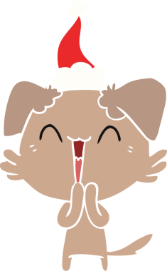 Gülen küçük köpek eli bir insanın çizdiği Noel Baba şapkasının düz renk çizimi.