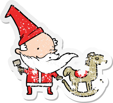 Bir insan tarafından çizilmiş oyuncak yapan karikatür Noel Baba 'nın sıkıntılı çıkartması.