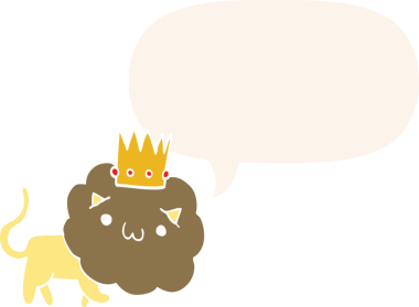 Bir insan tarafından çizilmiş, konuşma baloncuğu olan, taç takan çizgi film aslanı.