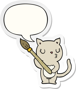 Bir insan tarafından çizilmiş baloncuk çıkartmalı şirin çizgi film kedisi.