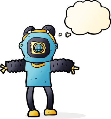 Bir insan tarafından çizilmiş düşünce balonlu derin deniz dalgıcı.