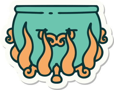 Bir insan tarafından çizilmiş geleneksel stil dövmeli bir kazan.