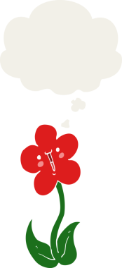 Düşünce baloncuğu olan karikatür çiçeği insan tarafından çizilmiş.