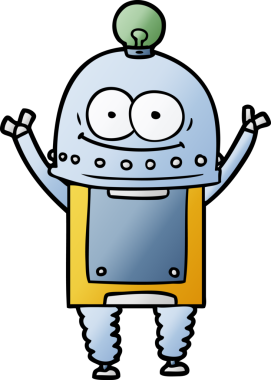 Bir insan tarafından çizilmiş ampullü mutlu karton robot.