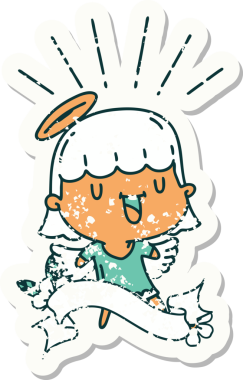 Bir insan tarafından çizilmiş eski bir dövme stili şarkı söyleyen melek çıkartması.