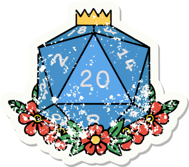 Bir insan tarafından çizilmiş çiçek elementleriyle 20 D20 zarının grunge sticker 'ı.