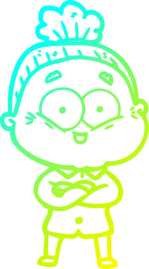 Bir insan tarafından çizilmiş, mutlu, yaşlı bir kadının çizimi.