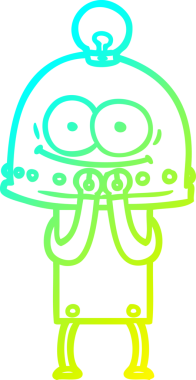 Bir insan tarafından çizilmiş ampullü mutlu bir robot çizimi.