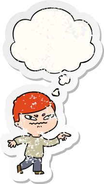 Çizgi filmdeki kızgın adam, insan tarafından çizilmiş yıpranmış bir çıkartma olarak düşünce balonunu işaret ediyor.