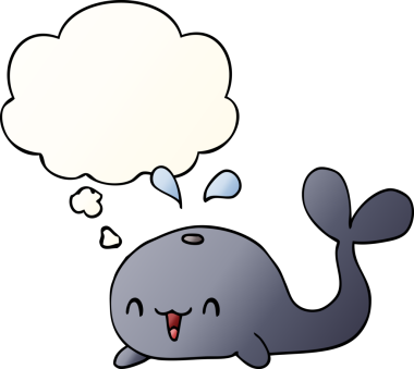 Düşünce baloncuğu olan mutlu balina çizgi filmi bir insan tarafından çizilmiş.