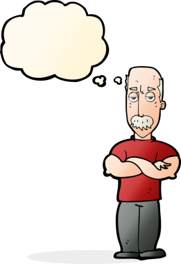 Bir insan tarafından çizilmiş, bıyıklı kızgın bir çizgi film karakteri.