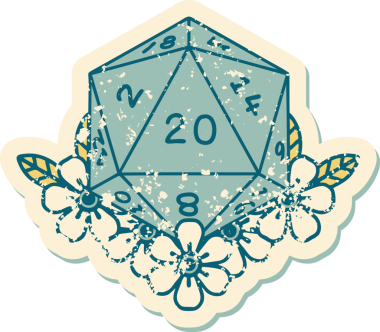 Retro Dövme Biçimi Doğal 20 D20 zar bir insan tarafından çizilmiş çiçek elementleriyle