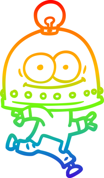 Gökkuşağı gradyan çizgisi mutlu bir karton robot çizimi ve bir insan tarafından çizilmiş ampul.